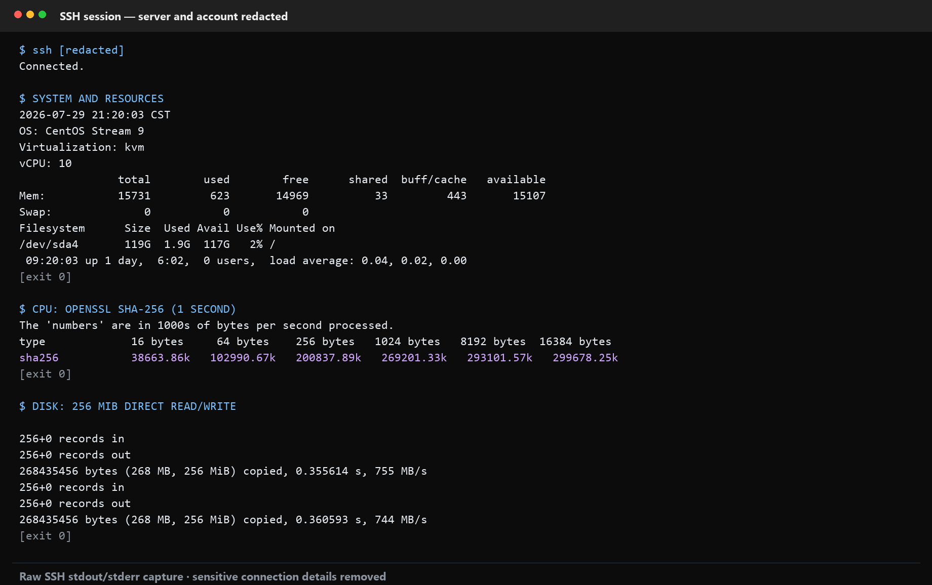 MatrixIDC 洛杉矶 VPS SSH 脱敏原始终端输出